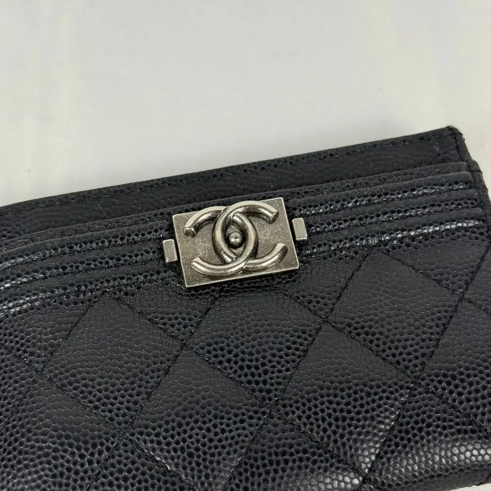 Chanel Boy Card Holder Black Caviar Leather Silver Hardware CC Logo Wallet